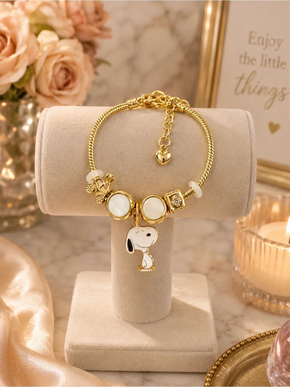 Gold Snoopy Charm Bracelet - White Enamel Accents